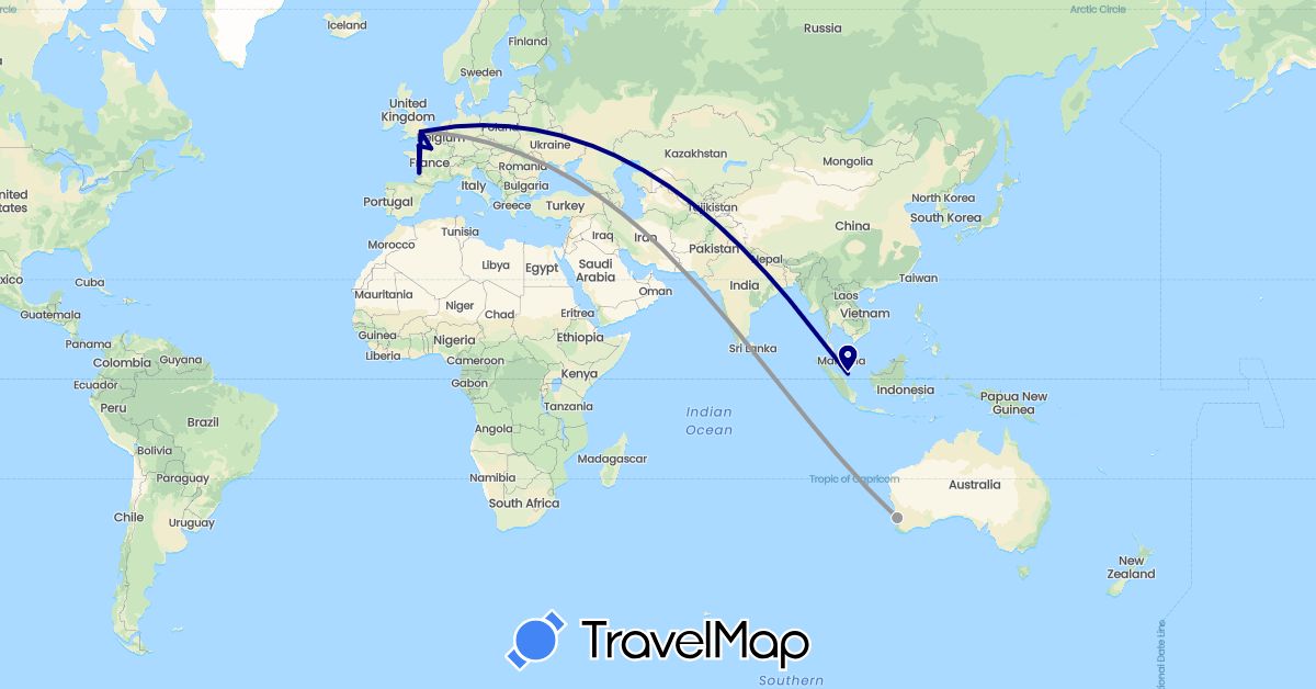 TravelMap itinerary: driving, plane in Australia, France, United Kingdom, Singapore (Asia, Europe, Oceania)